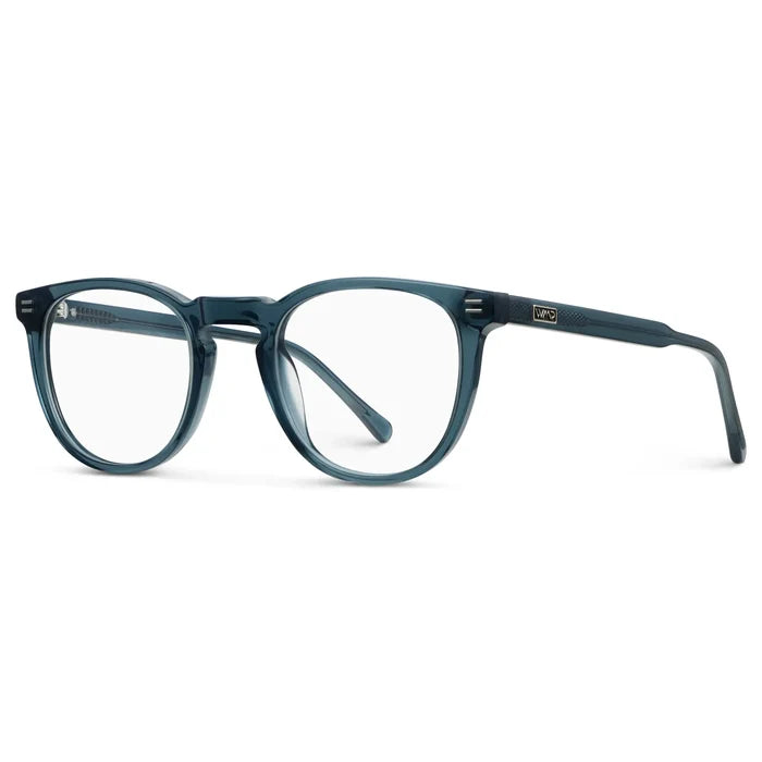 Crystal Steel Blue || Side view of Women's Round Eyeglasses with Crystal Steel Blue Acetate Frame and Clear Prescription Lens on a white background