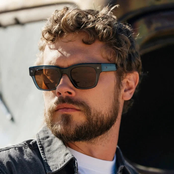 Crystal Steel Blue / Brown Lens || Men's Oversized Rectangular Sunglasses with Crystal Steel Blue Acetate Frame and Brown Polarized Lens