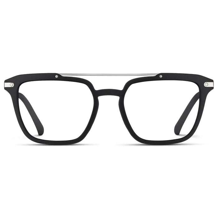 Matte Black || Men's Double Bridge Square Eyeglasses with Black Frame and Clear Prescription Lenses on a white background