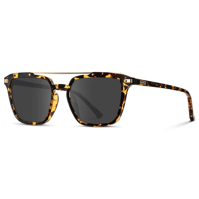 Amber Tortoise / Grey || Side view of Men's Square Double Bridge Prescription Sunglasses with Amber Tortoise Frame and Grey Lenses on a white background