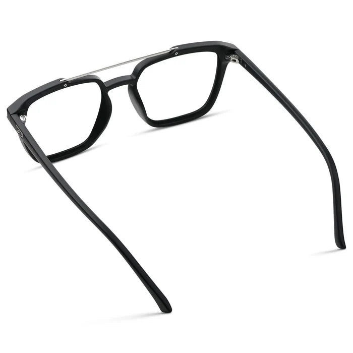 Matte Black || Back view of Men's Double Bridge Square Eyeglasses with Black Frame and Clear Prescription Lenses on a white background