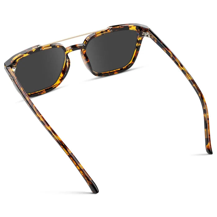 Amber Tortoise / Grey || Back view of Men's Square Double Bridge Prescription Sunglasses with Amber Tortoise Frame and Grey Lenses on a white background