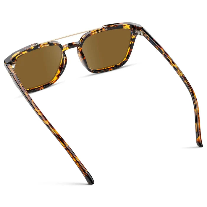 Amber Tortoise / Amber || Back view of Men's Square Double Bridge Prescription Sunglasses with Amber Tortoise Frame and Amber Lenses on a white background