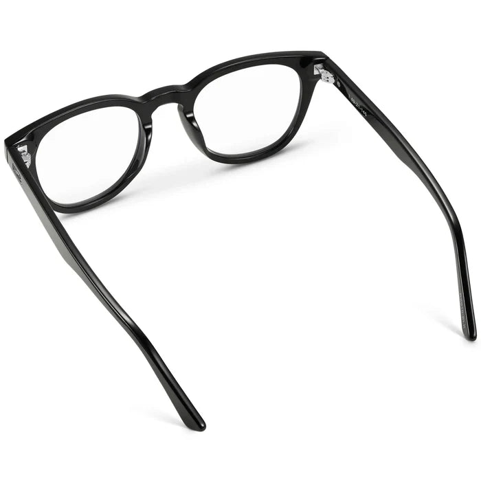 Black || Back view of Women's Black Acetate round frame with clear blue light blocking lens on a white background