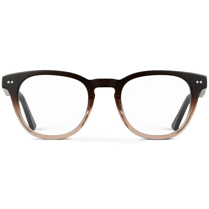 Cocoa Brown Fade || Women's Cocoa Brown Fade round acetate frame with clear blue light blocking lens on a white background