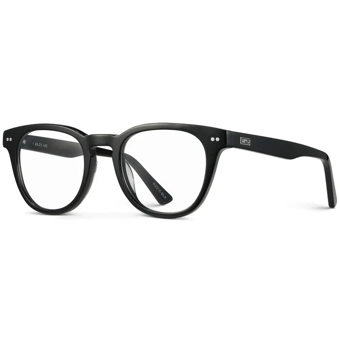 Black || Side view of Women's Black Acetate Round frame with Clear Prescription Lens on a white background