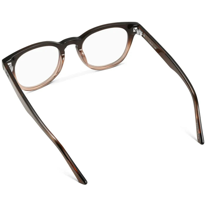 Cocoa Brown Fade || Back view of Women's Cocoa Brown Fade Acetate Round Frame with Clear Prescription Lens on a white background