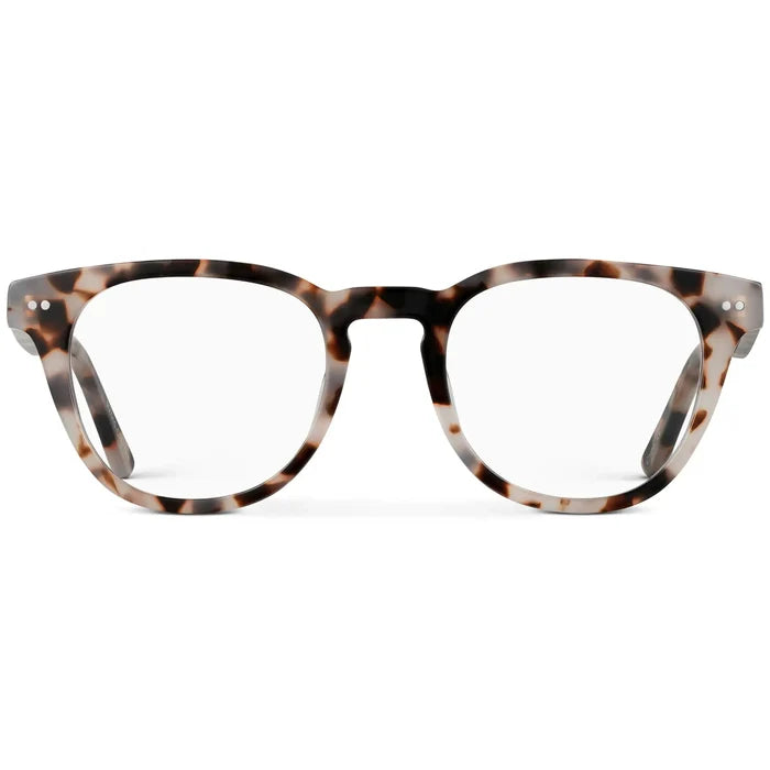 Blush Pink Tortoise || Women's Blush Pink Tortoise Acetate Round Frame with Clear Prescription Lens on a white background