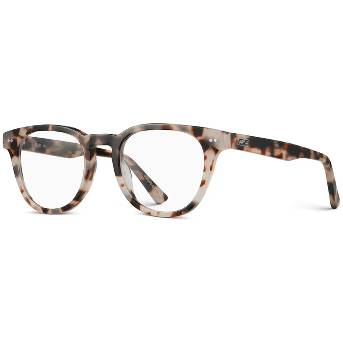 Blush Pink Tortoise || Side view of Women's Blush Pink Tortoise Acetate Round Frame with Clear Prescription Lens on a white background
