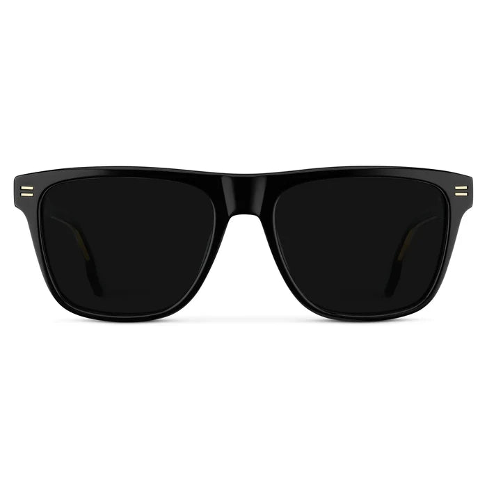 Black / Triple Black Lens || Front view of Men's Rectangular Polarized Sunglasses with Black Frame and Black Lens on a white background