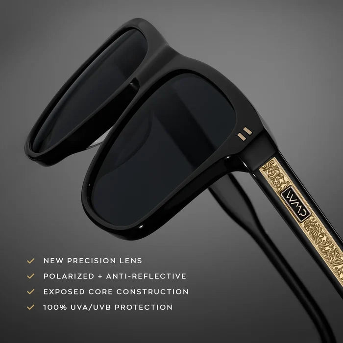 Black / Triple Black Lens || Graphic showcasing style features Exposed Core Construction, Durable 5-Barrel Hinges, and Polarized and Anti-Reflective Lens