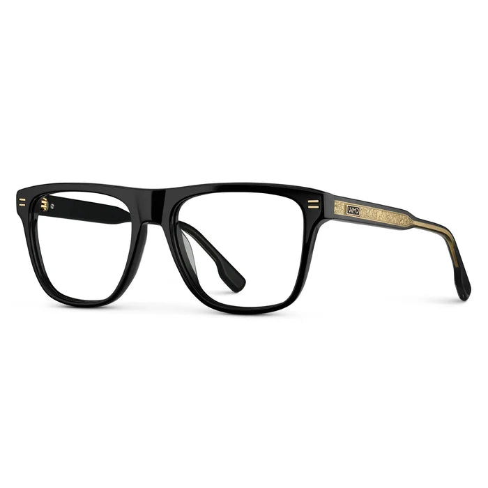 Black || Side view of Men's Rectangular Prescription Eyeglasses with Black Frame and Clear Lens on a white background