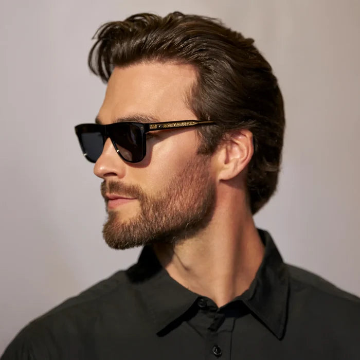 Black / Grey || Side view of model wearing Men's Rectangular Prescription Sunglasses with Black Frame and Grey Lens