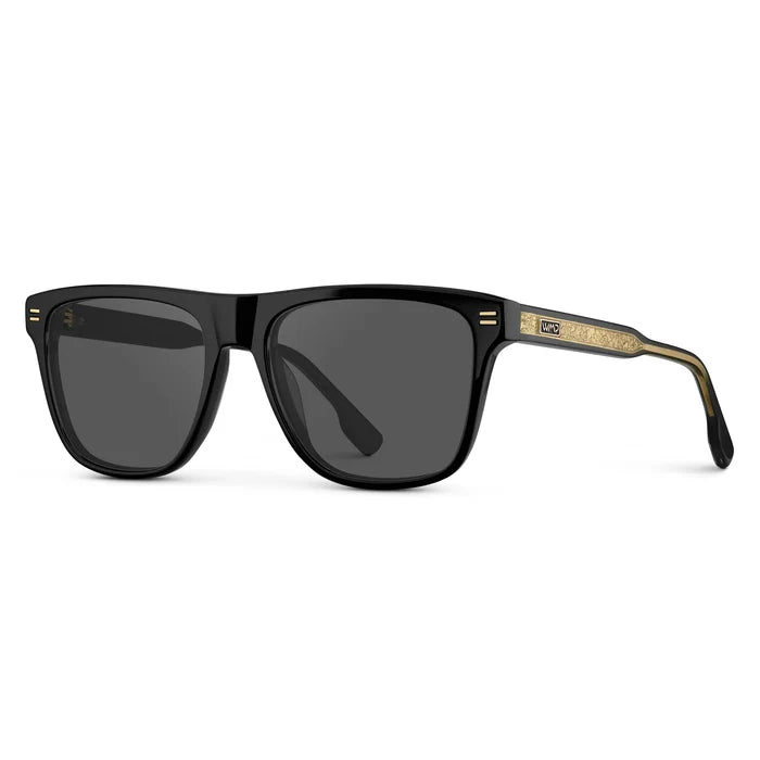 Black / Grey || Side view of Men's Rectangular Prescription Sunglasses with Black Frame and Grey Lens on a white background