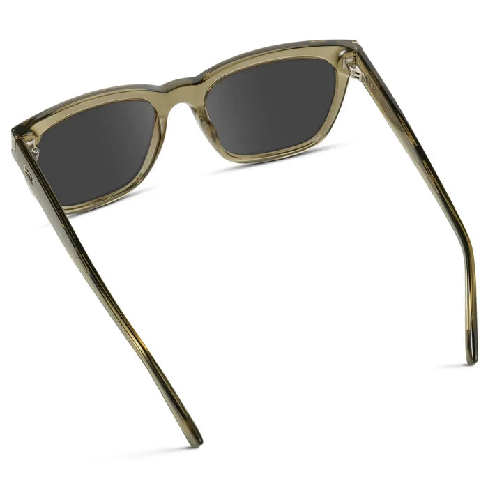 Crystal Moss Green / Grey || Back view of Women's Oversized Square Prescription Sunglasses with Green Frame and Grey Lenses on a white background
