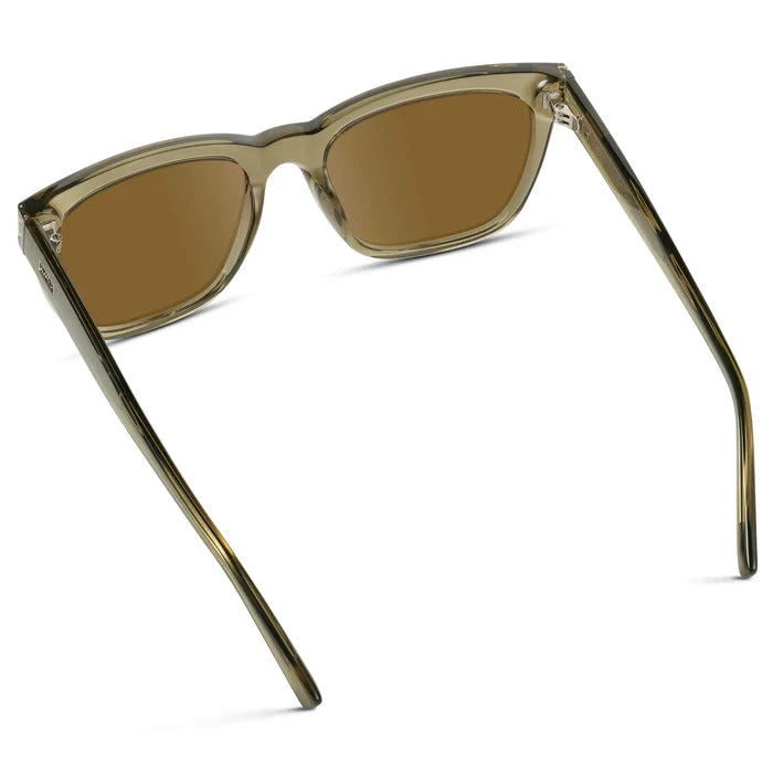 Crystal Moss Green / Amber || Back view of Women's Oversized Square Prescription Sunglasses with Green Frame and Brown Lenses on a white background