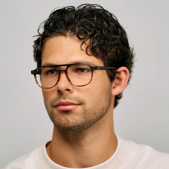 Ridge Brown || Model wearing Men's Aviator Blue Light Blocking Glasses with Ridge Brown Acetate Frame and Clear Lens