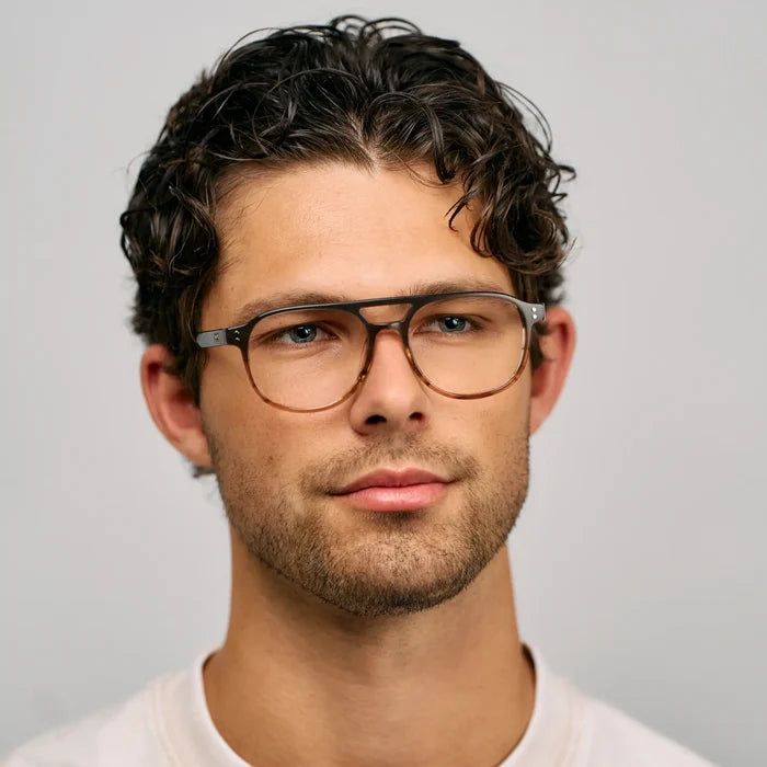 Ridge Brown || Model wearing Men's Aviator Blue Light Blocking Glasses with Ridge Brown Acetate Frame and Clear Lens