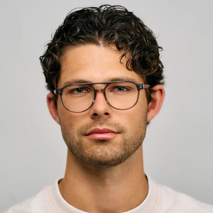 Steel Grey || Model wearing Men's Aviator Blue Light Blocking Glasses with Steel Grey Acetate Frame and Clear Lens