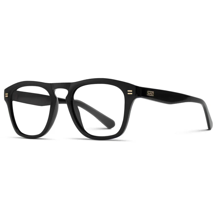 Black || Side view of Men's Square Prescription Glasses with Black Frames and Clear Lenses on a white background