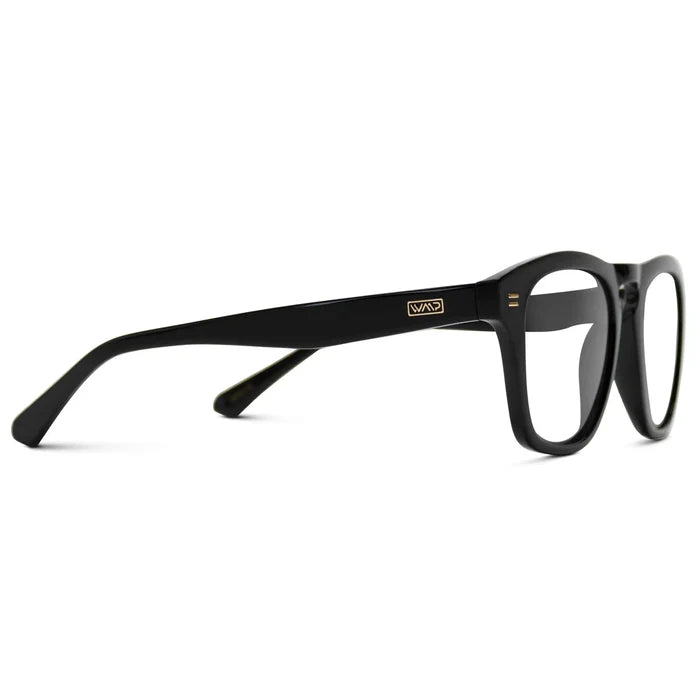 Black || Temple view of Men's Square Prescription Glasses with Black Frames and Clear Lenses on a white background