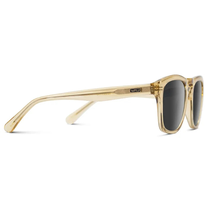 Champagne Crystal / Grey || Temple view of Men's Square Prescription Sunglasses with Champagne Crystal Frame and Grey Lenses on a white background