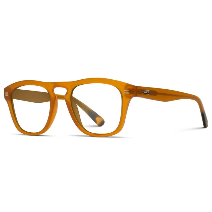 Sunset Orange || Side view of Men's Square Prescription Glasses with Sunset Orange Frames and Clear Lenses on a white background