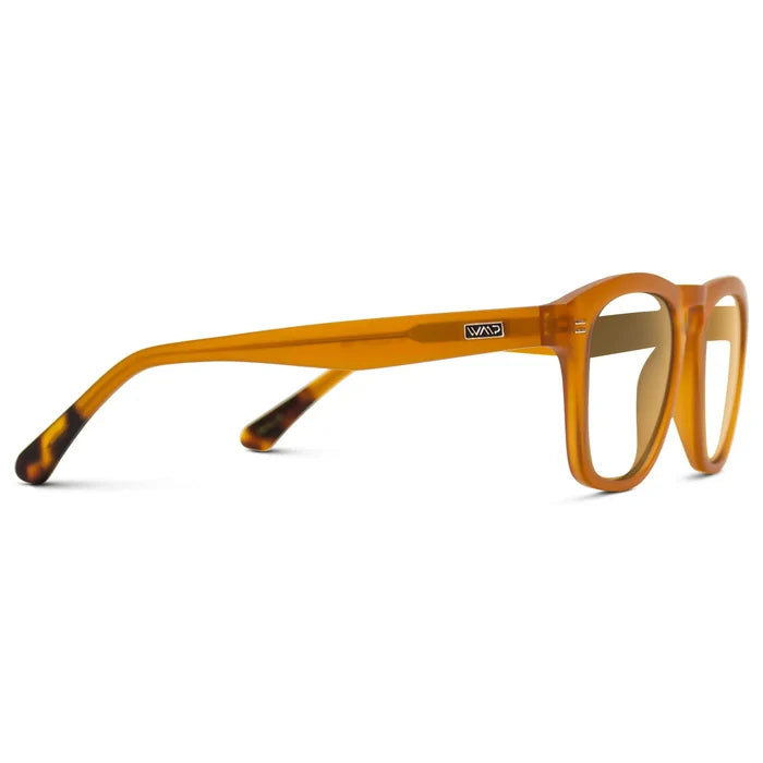 Sunset Orange || Temple view of Men's Square Prescription Glasses with Sunset Orange Frames and Clear Lenses on a white background