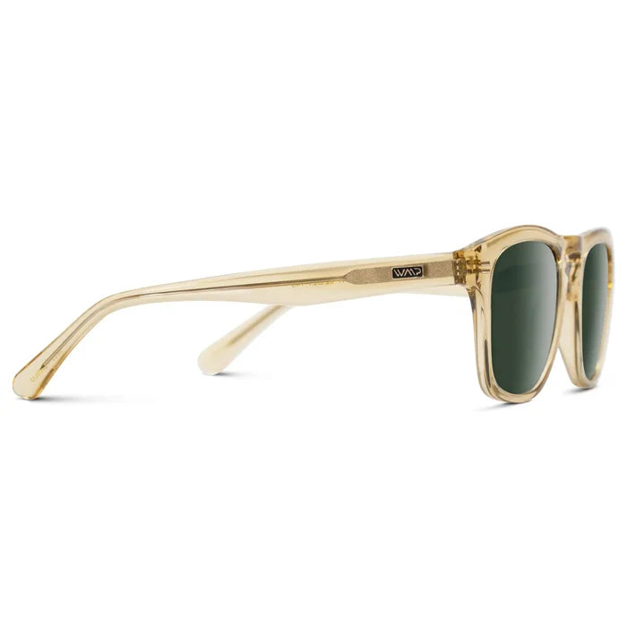 Champagne Crystal / G15 || Temple view of Men's Square Prescription Sunglasses with Champagne Crystal Frame and Green Lenses on a white background