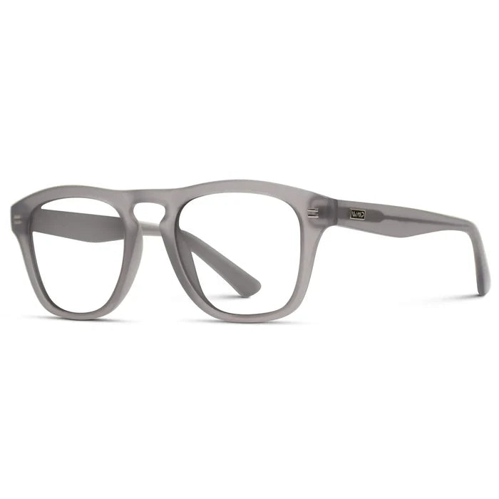 Moonrock Grey || Side view of Men's Square Prescription Glasses with Moonrock Grey Frames and Clear Lenses on a white background