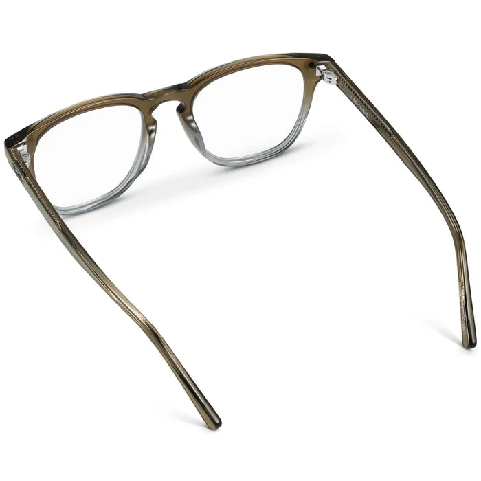 Arctic Forest Green || Back view of Men's square arctic forest green acetate frame with clear blue light blocking lens on a white background