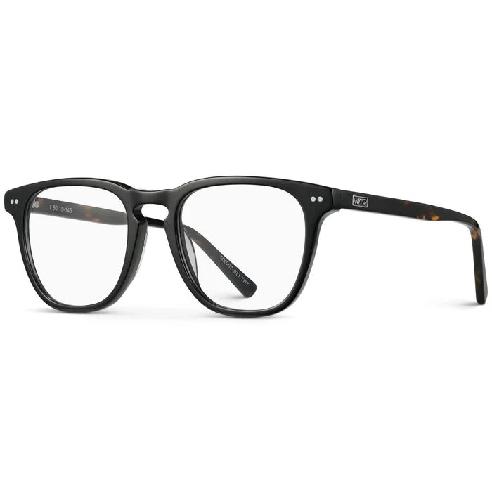 Black Tortoise || Side view of Men's Square Prescription Glasses with Black Tortoise Frames and Clear Lenses on a white background