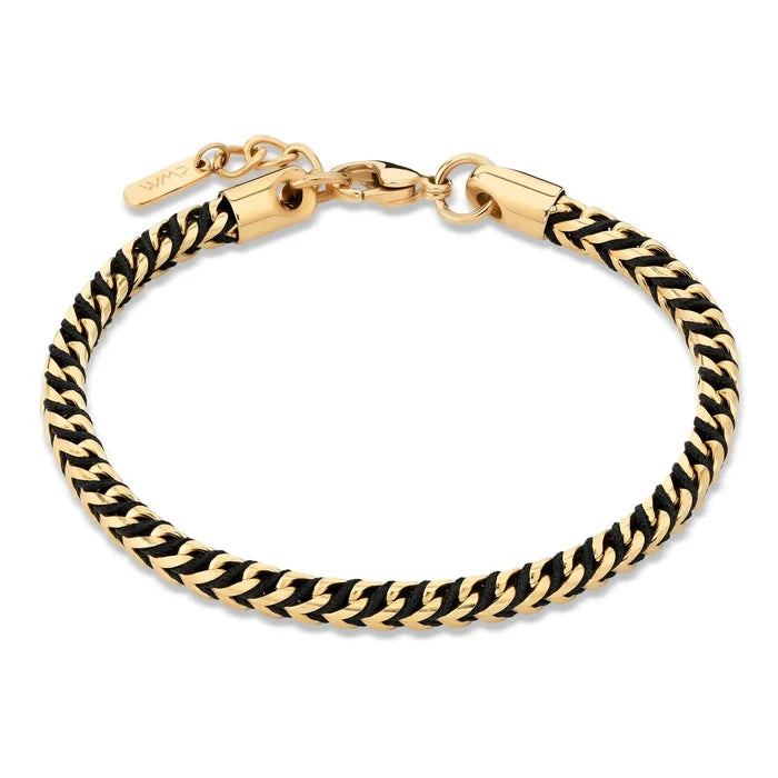 Gold / Black Rope || Men's 4mm Thick V-Braid Bracelet with 14k Gold Plated Stainless Steel and Black Polyester Rope and Lobster Claw Clasp
