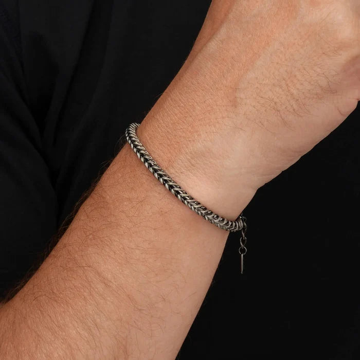 Gunmetal / Olive Green || Men's 4mm Thick V-Braid Bracelet with Gunmetal Stainless Steel and Olive Green Polyester Rope and Lobster Claw Clasp