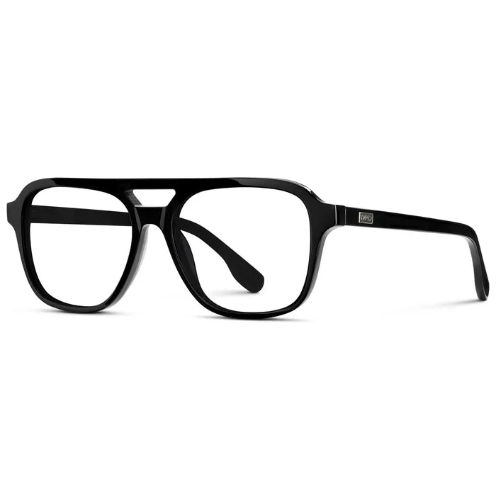 Black || Side view of Men's Double Bridge Aviator Prescription Eyeglasses with Black Acetate Frame and Clear Lens on a white background