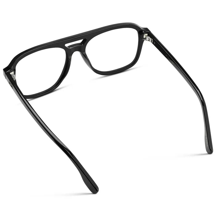Black || Back view of Men's Double Bridge Aviator Prescription Eyeglasses with Black Acetate Frame and Clear Lens on a white background