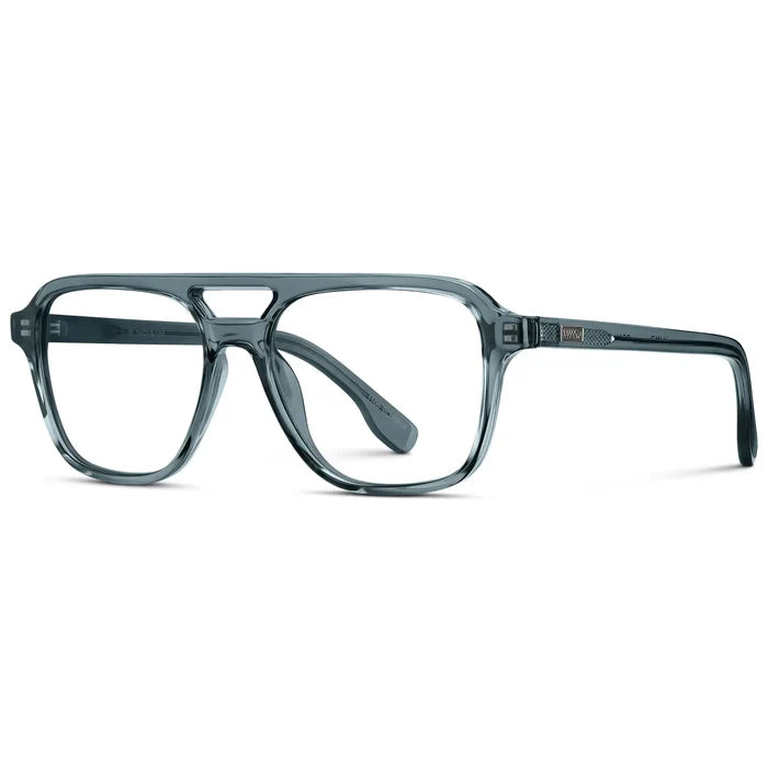 Crystal Stone Blue || Side view of Men's Double Bridge Aviator Prescription Eyeglasses with Crystal Stone Blue Acetate Frame and Clear Lens on a white background