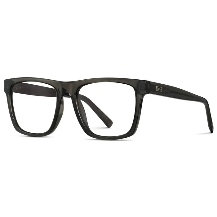 Crystal Carbon Grey || Side view of Men's Square Eyeglasses with Grey Frame and Clear Prescription Lenses on a white background