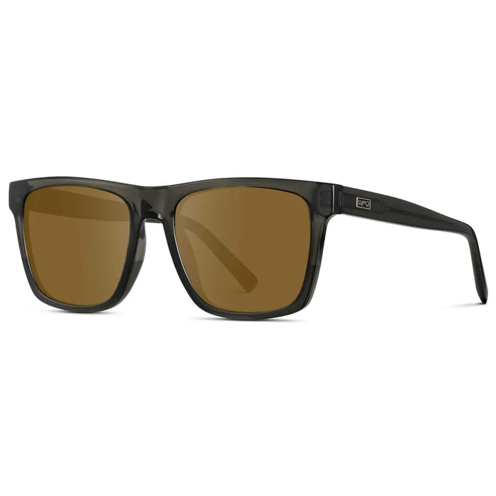Crystal Carbon Grey / Amber || Side view of Men's Modern Square Prescription Sunglasses with Crystal Carbon Grey and Amber Lenses on a white background