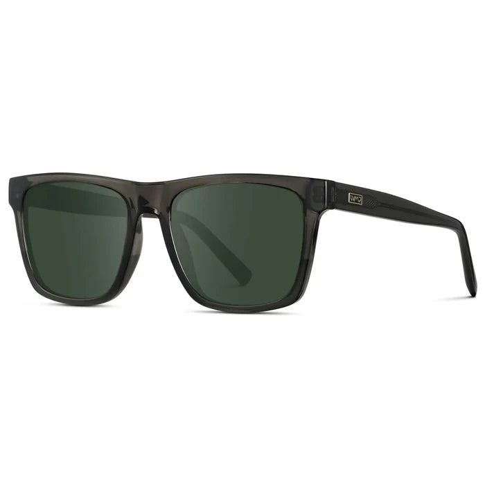 Crystal Carbon Grey / G15 || Side view of Men's Modern Square Prescription Sunglasses with Crystal Carbon Grey and Green Lenses on a white background