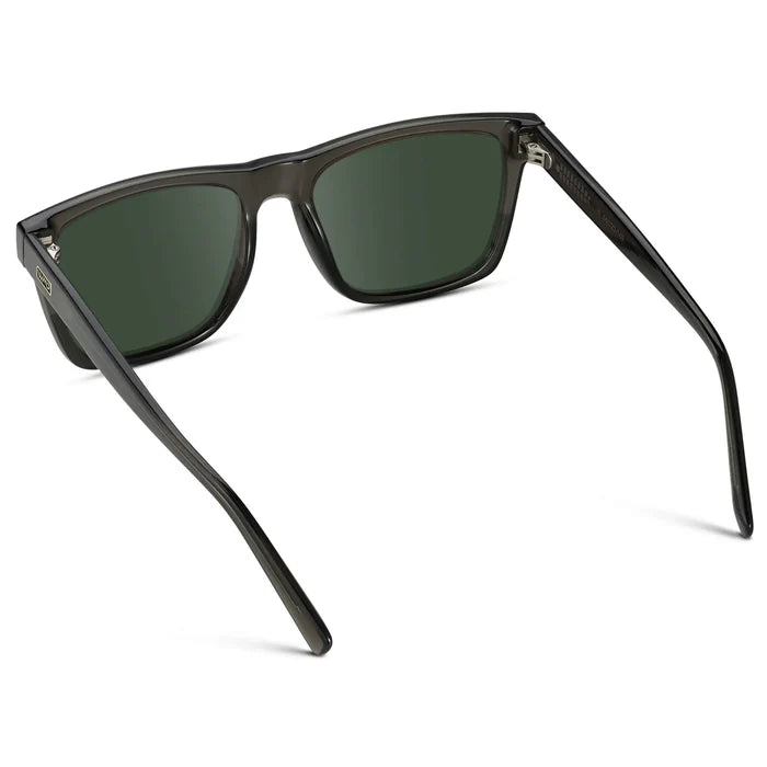 Crystal Carbon Grey / G15 || Back view of Men's Modern Square Prescription Sunglasses with Crystal Carbon Grey and Green Lenses on a white background