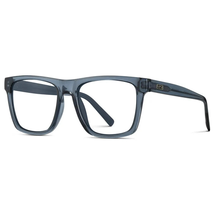 Crystal Indigo Blue || Side view of Men's Square Eyeglasses with Crystal Indigo Blue Frame and Clear Prescription Lenses on a white background