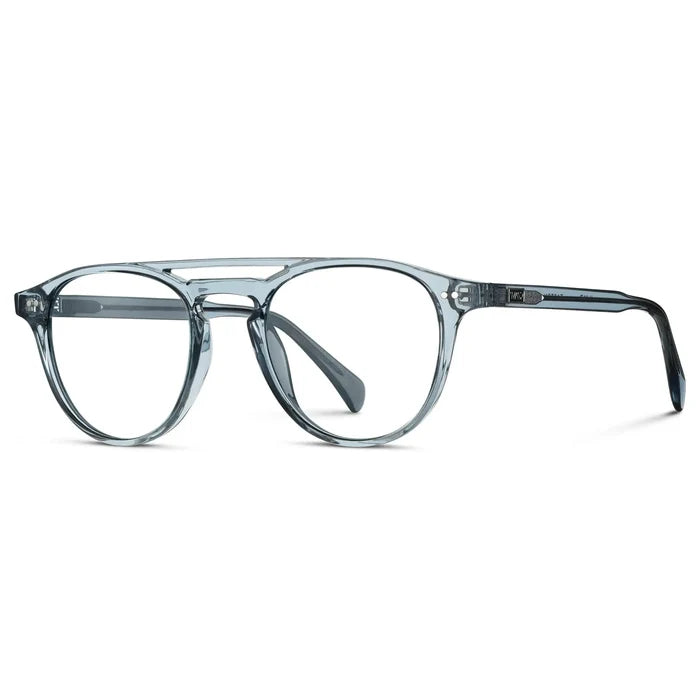Denim Blue || Side view of Men's Double Bridge Round Prescription Eyeglasses with Denim Blue Frame and Clear Lenses on a white background