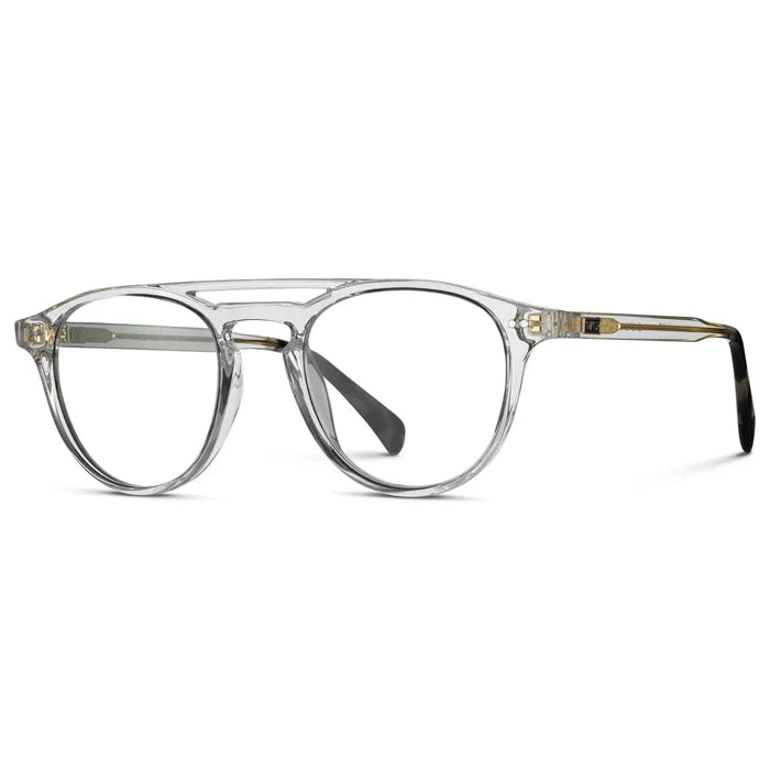 Clear || Side view of Men's Double Bridge Round Prescription Eyeglasses with Clear Frame and Clear Lenses on a white background