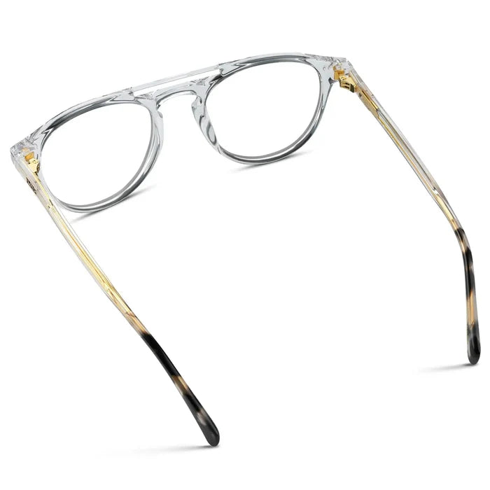 Clear || Back view of Men's Double Bridge Round Prescription Eyeglasses with Clear Frame and Clear Lenses on a white background
