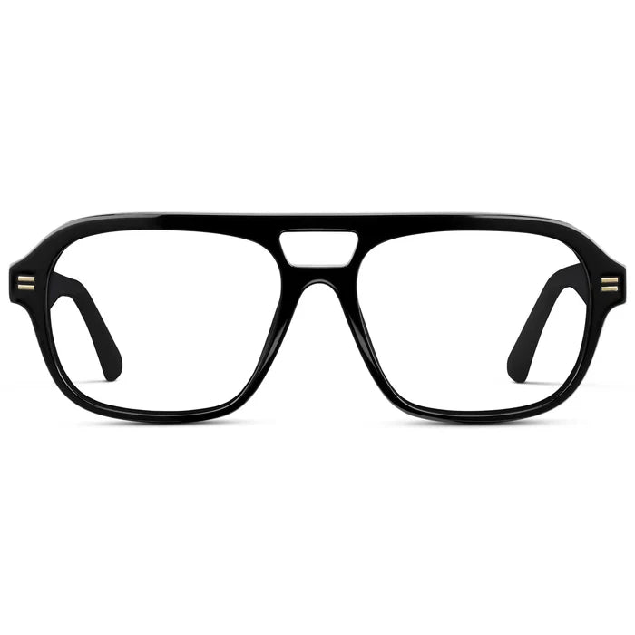 Black || Women's Double Bridge Oversized Aviator Eyeglasses with Black Acetate Frame and Clear Prescription Lens on a white background