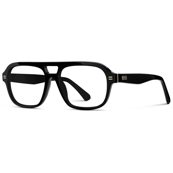 Black || Side view of Women's Double Bridge Oversized Aviator Eyeglasses with Black Acetate Frame and Clear Prescription Lens on a white background