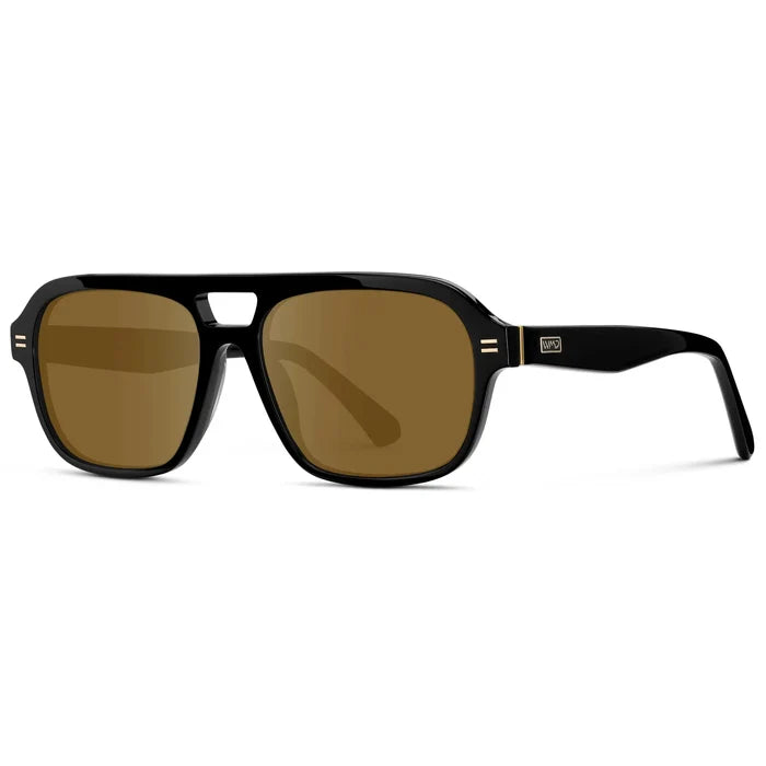 Black / Amber || Side view of Women's Double Bridge Oversized Aviator Prescription Sunglasses with Black Acetate Frame and Amber Lens on a white background