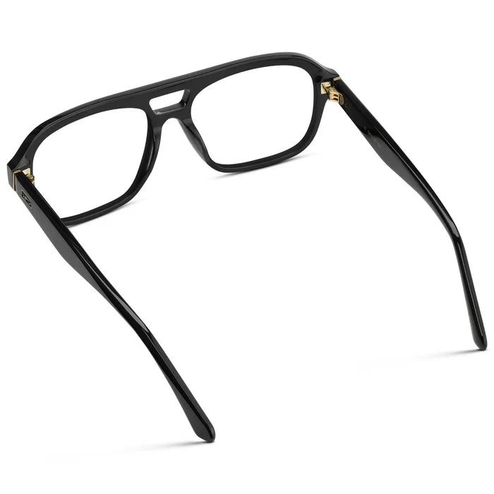 Black || Back view of Women's Double Bridge Oversized Aviator Eyeglasses with Black Acetate Frame and Clear Prescription Lens on a white background