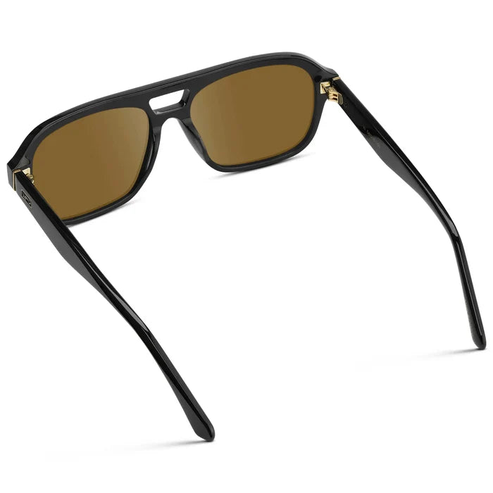Black / Amber || Back view of Women's Double Bridge Oversized Aviator Prescription Sunglasses with Black Acetate Frame and Amber Lens on a white background